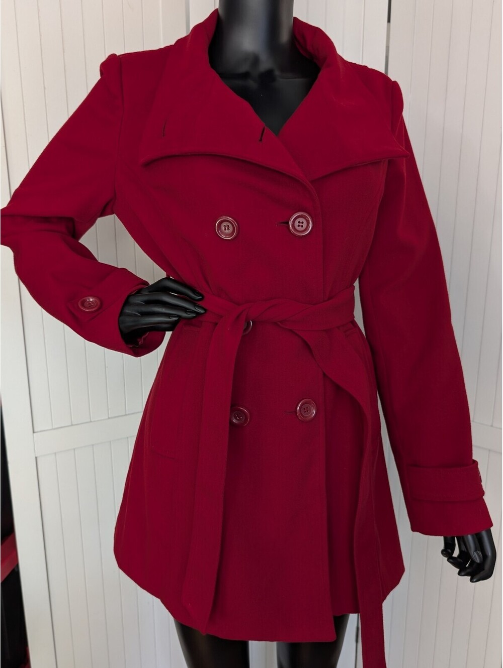 Forever 21 Red Peacoat Jacket Belted Double Breasted Women's L Runs Small